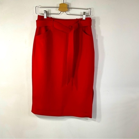 Banana Republic Skirt Red Side Slit Belted Midi Size 2 - Picture 3 of 13